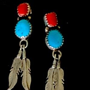 VINTAGE NAVAJO STERLING SILVER TURQUOISE  CORAL EARRINGS FEATHERS